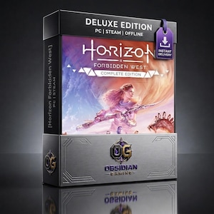 Könnte beinhalten: Eine rechteckige Spielebox für Horizon Forbidden West Complete Edition Deluxe Edition. Die Vorderseite zeigt eine Figur mit einem Speer, den Text PC | STEAM | OFFLINE und ein violettes Etikett mit der Aufschrift INSTANT DELIVERY. Die Basis zeigt das Obsidian Gaming Logo.