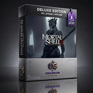 Op de afbeelding: Een rechthoekige speldoos voor Mortal Shell 2 Devout Edition Deluxe Edition voor PC Steam. De doos toont een donker, gepantserd figuur met een helm met stekels en een staf. Het bevat een paars label en het Obsidian Gaming logo.