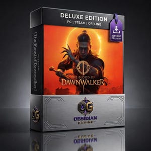 May include: A rectangular game box for The Blood of Dawnwalker Deluxe Edition. The front features a character holding a sword against an orange sun background. The base is metallic silver with the Obsidian Gaming logo and text in purple and gold.