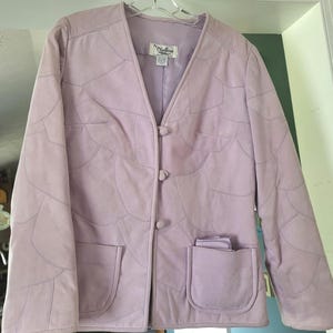 Vintage 80s By Clarissa Ultrasuede Jacket Scarf Set Lavender Purple Patchwork Scalloped Blazer Size 10