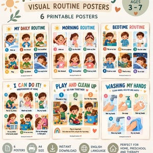 Peut inclure: Six affiches de routine visuelle imprimables adaptées à l'autisme pour les enfants de 3 à 7 ans. Les affiches présentent des tâches quotidiennes illustrées, incluant des routines du matin, du soir et d'hygiène avec des étapes numérotées.