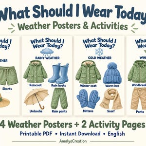 Puede incluir: Cuatro pósteres educativos titulados What Should I Wear Today? Weather Posters & Activities. Cada póster muestra ropa para clima cálido, lluvioso, frío y ventoso, incluyendo camiseta, pantalones cortos, sombrero, impermeable, botas, paraguas, pantalones, abrigo, gorro, manoplas, bufanda, suéter y zapatillas.