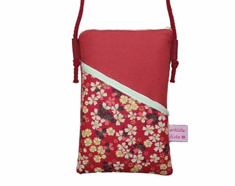 Sac à bandoulière pour téléphone portable rouge foncé, mini sac à bandoulière, par exemple pour téléphone portable, en tissu de coton, 2 compartiments, couleurs automnales automne