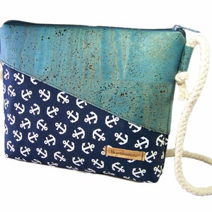 Umhängetasche Kork mit Anker Stoff | Farbwahl | H 20cm x B 25cm x T 4cm |maritime Schultertasche | nachhaltig vegan und fair