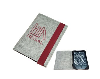 eBook reader cover with bookshelf embroidery, made of wool felt, e.g. for Kindle Paperwhite 12th generation, Tolino Shine 5