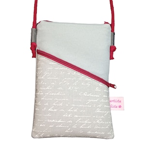 Handytasche zum Umhängen grau, Schrift, Umhängetasche mit Kordel, Crossbody Handytasche aus Baumwollstoff, 2 Fächer, Farb- und Musterauswahl