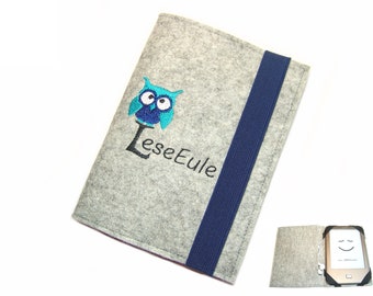 étui à charnière pour liseuse eBook tablette lecture hibou broderie turquoise / bleu feutre de laine sur mesure jusqu'à max. 8,0" par exemple pour Kindle