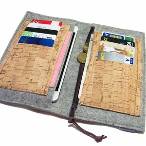 Portemonnaie mit Handyfach Brieftasche Wollfilz Filz + Kork mit 5 oder 10 Kartenfächern z.B für iPhone X / Samsung Galaxy S9