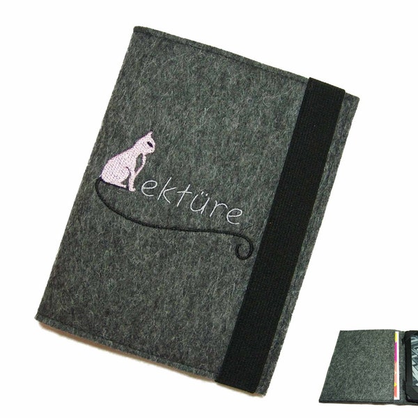 aufklappbare eBook Reader Hülle Katze eReader Tablet Tasche Stickerei Wollfilz Filz Maßanfertigung bis max. 8,0", z.B. für Tolino Vision 4HD