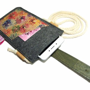 Mobile phone case for hanging around the neck with cork strap. Mobile phone case made of Merino wool felt cork image 2