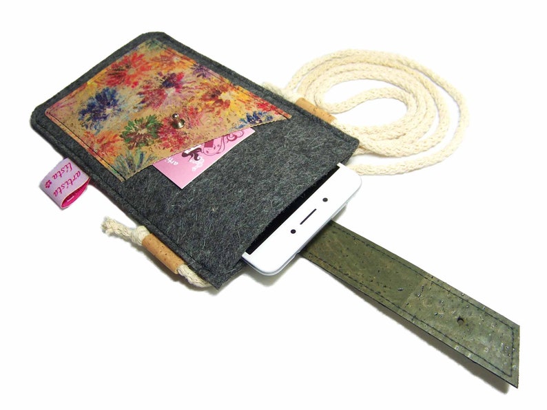 Mobile phone case for hanging around the neck with cork strap. Mobile phone case made of Merino wool felt cork image 2