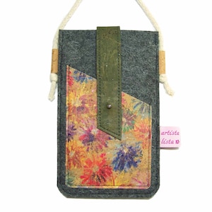 Mobile phone case for hanging around the neck with cork strap. Mobile phone case made of Merino wool felt cork image 1