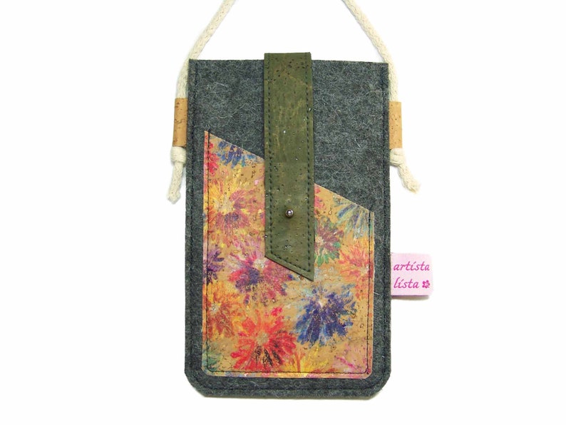 Mobile phone case for hanging around the neck with cork strap. Mobile phone case made of Merino wool felt cork image 1