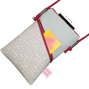 Handytasche zum Umhängen grau, Schrift, Umhängetasche mit Kordel, Crossbody Handytasche aus Baumwollstoff, 2 Fächer, Farb und Musterauswahl immagine 2