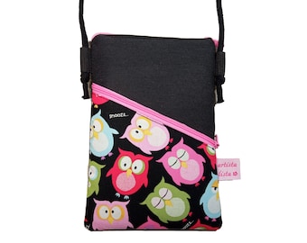 Sac pour téléphone portable à suspendre Night Owl noir Crossbody Bag Mini sac à bandoulière par exemple pour téléphone portable en tissu de coton 2 compartiments