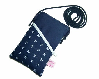 Sac pour téléphone portable à accrocher autour du cou, mini sac à bandoulière maritime bleu foncé, par exemple pour téléphone portable en tissu de coton, 2 compartiments, couleurs et motifs au choix