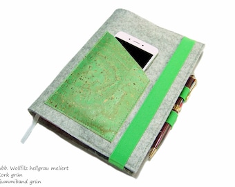 Kalenderhülle Wollfilz Filz Kork mit Handyfach + Stifthalter + Kreditkartenfach für Din A5 Buchkalender, Notizbuch, nachhaltig