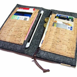 Portemonnaie mit Handyfach Brieftasche Wollfilz Filz + Kork mit 10 Kartenfächern und Reißverschlussfach z.B für Samsung Galaxy für iPhone
