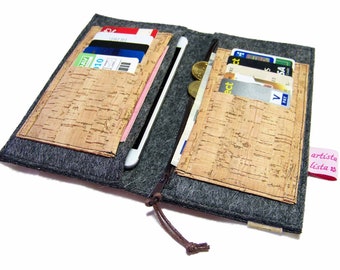 Portemonnaie mit Handyfach Brieftasche Wollfilz Filz + Kork mit 10 Kartenfächern und Reißverschlussfach z.B für Samsung Galaxy für iPhone