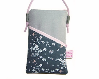 Sac pour téléphone portable, petit sac, mini sac à bandoulière, gris par exemple pour téléphone portable, en tissu de coton, 2 compartiments, couleurs et motifs au choix