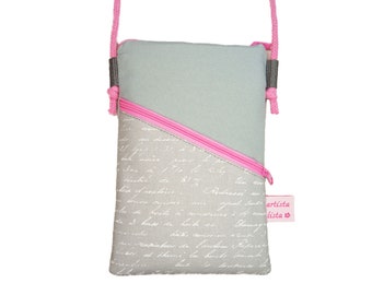 Handytasche zum Umhängen grau, Schrift, Umhängetasche mit Kordel, Crossbody Handytasche aus Baumwollstoff, 2 Fächer, Farb- und Musterauswahl