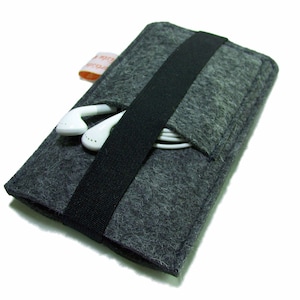 May include: A gray felt phone case with a black elastic band and a pocket for headphones. The case is designed to hold a smartphone and headphones.