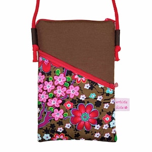 Mini-schoudertasje voor mobiele telefoon Kleine bruine tas voor bijvoorbeeld mobiele telefoon, gemaakt van katoenen stof, 2 compartimenten, keuze uit kleuren en patronen