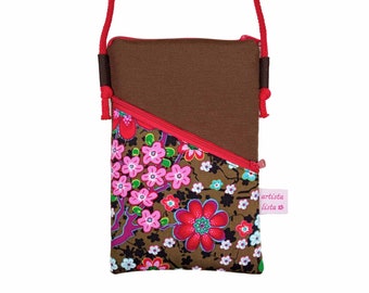 Mini sac à bandoulière sac pour téléphone portable Petit sac marron par exemple pour téléphone portable en tissu coton 2 compartiments choix de couleurs et de motifs