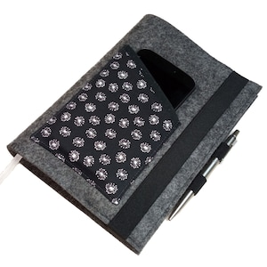Kalenderhoes A5 paardenbloem zwart vilt met gsm-vak van selecteerbaar katoen Din A5-boekkalendernotitieboekje tot max. 21 x 15 x 2,5 cm
