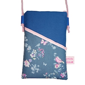 Gsm-tas om op te hangen medium blauw Butterfly Happiness mini-schoudertas met koord gemaakt van katoenen stof 2 compartimenten
