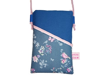 Mobile phone bag to hang around medium blue Butterfly luck Mini shoulder bag with cord made of cotton fabric 2 compartments