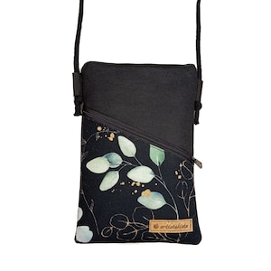 Handytasche zum Umhängen Eukalyptus schwarz | 19 x 12 cm | Mini Umhängetasche mit Kordel für Handy aus Baumwollstoff