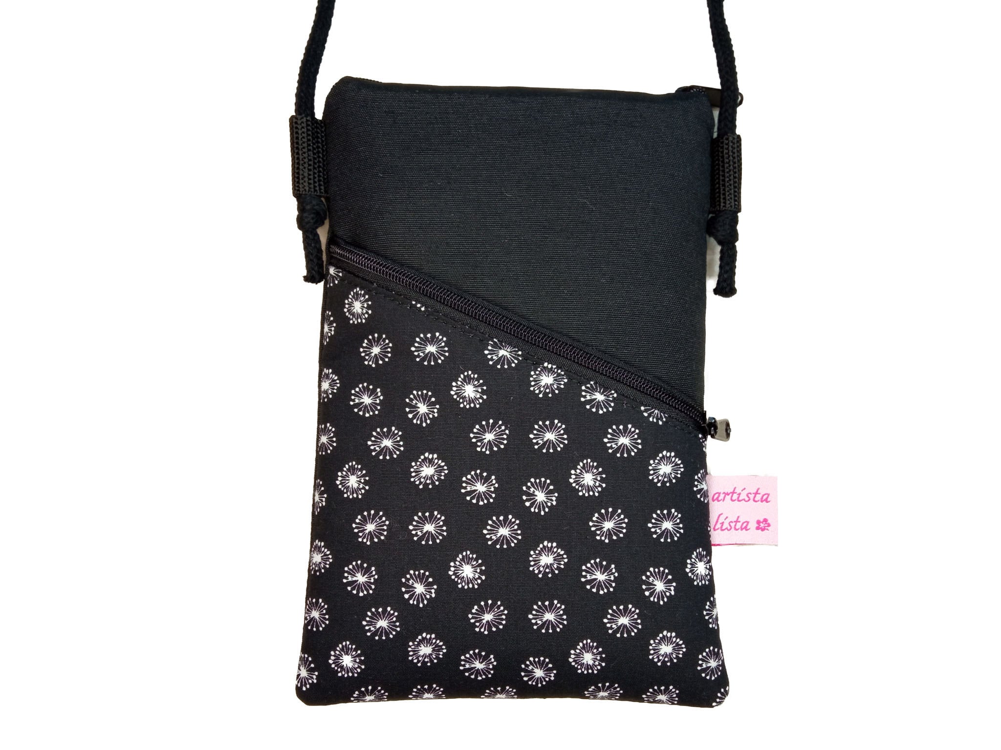 Mobile phone bag for hanging Dandelion black 19 x 12 cm Mini shoulder bag with cord for mobile phone made of cotton fabric