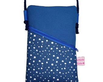 Mobile phone bag for hanging polka dots medium blue mini shoulder bag with cord made of cotton fabric 2 compartments