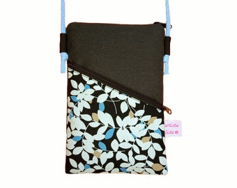 Mobile phone bag for hanging black Leaves, mini shoulder bag for mobile phone made of cotton fabric, 2 compartments, color and pattern selection