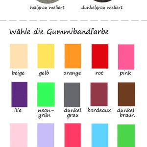 May include: A chart with color swatches for felt and elastic. The felt colors are light gray and dark gray. The elastic colors are beige, yellow, orange, red, pink, purple, neon green, dark gray, burgundy, dark brown, light pink, lavender, neon pink, light blue, green, light gray, black, brown, dark blue, and white.