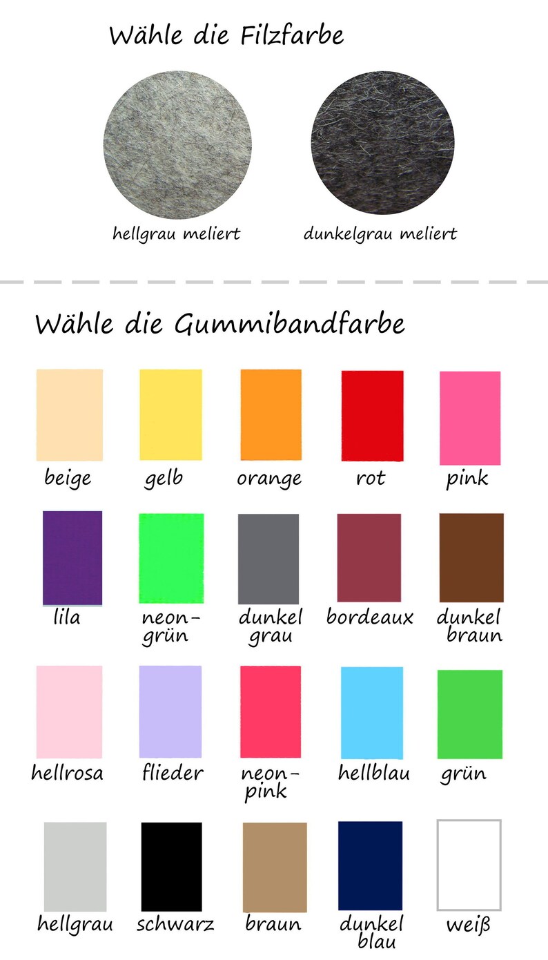 May include: A chart with color swatches for felt and elastic. The felt colors are light gray and dark gray. The elastic colors are beige, yellow, orange, red, pink, purple, neon green, dark gray, burgundy, dark brown, light pink, lavender, neon pink, light blue, green, light gray, black, brown, dark blue, and white.