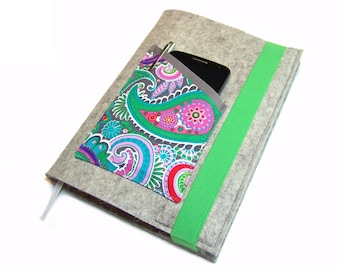 Couverture de calendrier en feutre de laine avec compartiment pour téléphone portable en tissu de coton pour carnet de notes DIN A5 jusqu'à 21 x 15 x 2,5 cm maximum