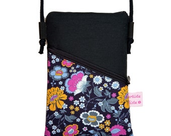 Mobile phone bag for hanging black floral splendor made of cotton fabric mini shoulder bag with cord for mobile phone