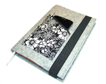 Calendar cover cover wool felt felt with mobile phone compartment made of cotton fabric for DIN A5 book calendar notebook up to max. 21 x 15 x 2.5 cm