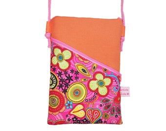 Handytasche zum Umhängen orange Pink Ethno Mini Umhängetasche mit Kordel z.B. für Handy aus Baumwollstoff 2 Fächer