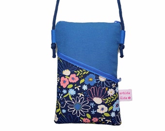 Sac bandoulière bleu moyen sac pour téléphone portable à accrocher autour de l'épaule mini sac à bandoulière par exemple pour téléphone portable en tissu de coton 2 compartiments cadeau petite amie