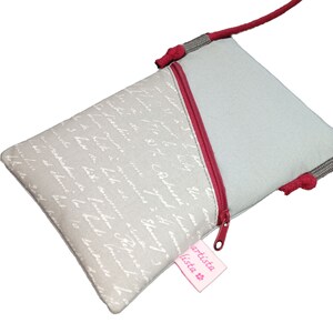 Handytasche zum Umhängen grau, Schrift, Umhängetasche mit Kordel, Crossbody Handytasche aus Baumwollstoff, 2 Fächer, Farb und Musterauswahl immagine 5