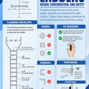 May include: An informational poster titled LADDERS DESIGN, CONSTRUCTION, AND SAFETY. It features technical diagrams, measurements in inches, and icons illustrating proper rung shapes, siderail profiles, and preferred welding methods for ladder systems.