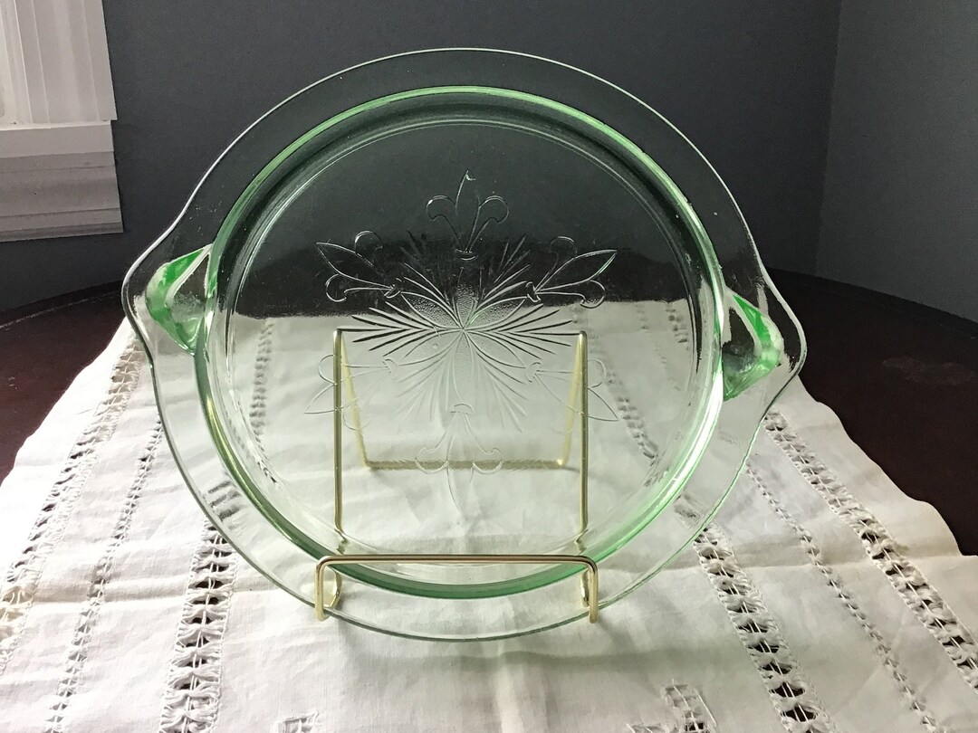 Vintage Green Uranium Glass Serving Cake Plate Tray Fleur De Etsy