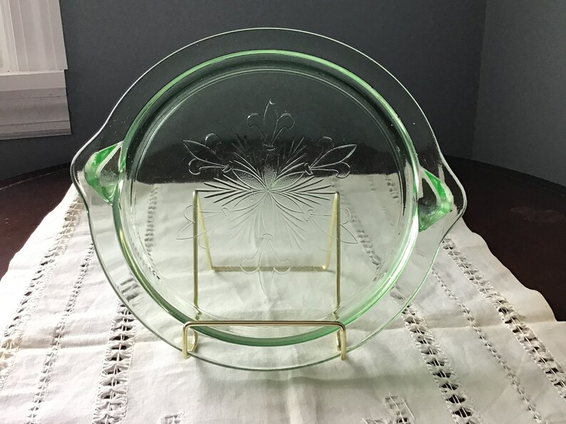 Vintage Green Uranium Glass Serving Cake Plate Tray Fleur De Etsy