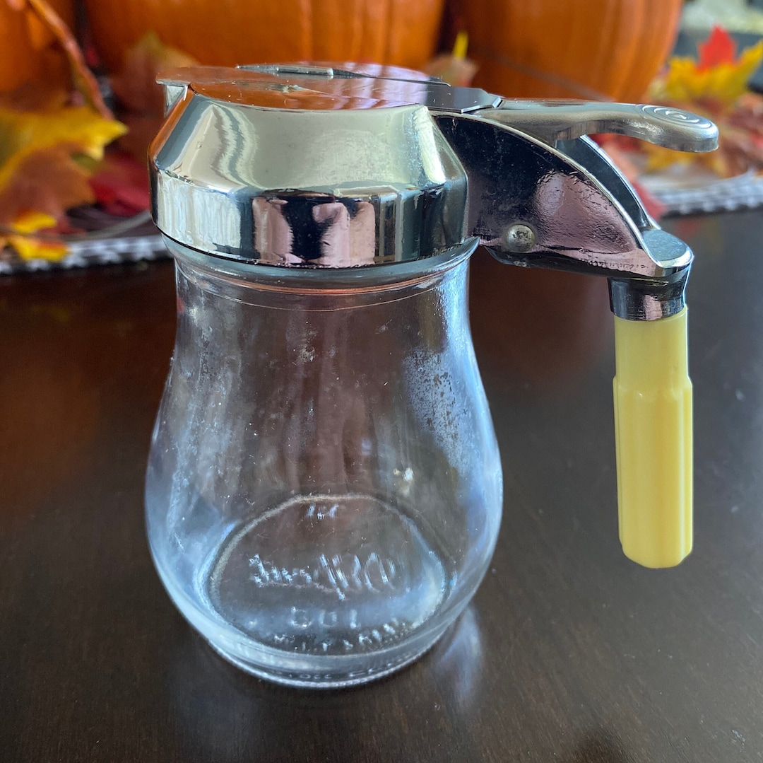 Vintage Dripcut Glass Syrup Dispenser Yellow Bakelite Handle Etsy