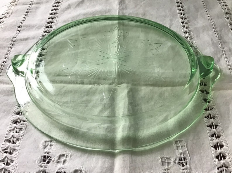 Vintage Green Uranium Glass Serving Cake Plate Tray Fleur De Etsy
