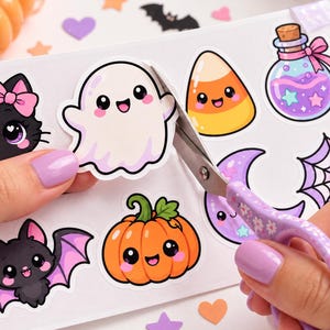 Imágenes PNG de recortes de Halloween estilo Kawaii / Materiales para diario creativo con temática de Halloween / Hoja de pegatinas de fantasmas y gatos estilo gótico pastel / Descarga digital
