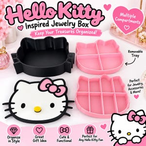 Hello Kitty Inspired Jewelry Box – 3D Printed Kawaii Organizer with Removable Compartment Trays – Cute Gift for Her